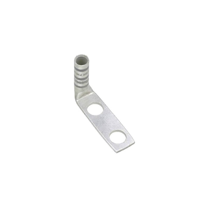 Terminal de barril largo, de dos orificios, para cable 8 AWG, orificio de perno de 1/4in, espacio entre orificios de 5/8in, lengüeta a 90º