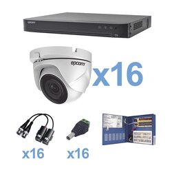 KIT TurboHD 1080p / DVR 16 Canales / 16 Cámaras Eyeball (exterior 2.8 mm) / Transceptores / Conectores / Fuente de Poder Profesional