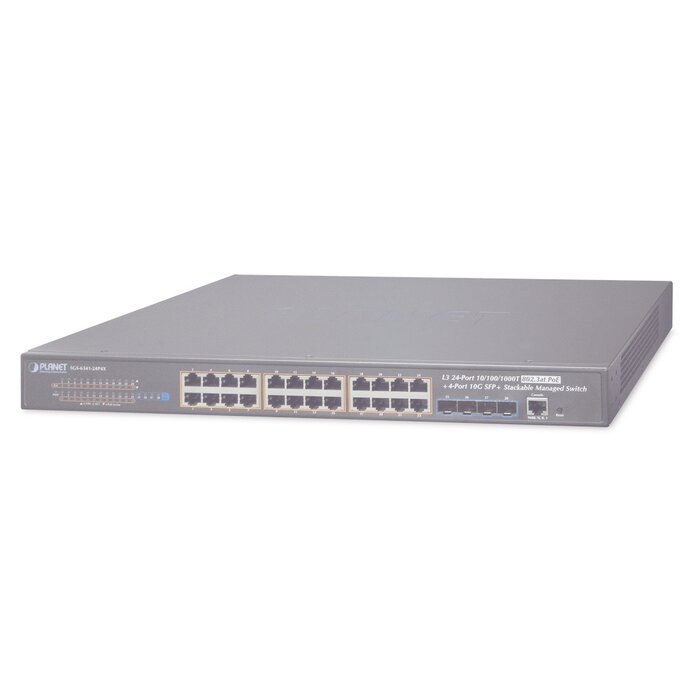Switch Administrable L3 Stacking 10/100/1000T 24 puertos PoE802.3at, 4 puertos 10G SFP+ 370 W