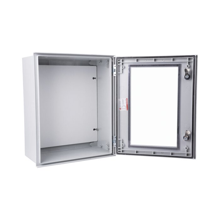 Gabinete de Poliéster IP66 Puerta Transparente, Uso en Intemperie (400 x 500 x 200 mm) con Placa Trasera Interior (Incluye Chapa y Llave).