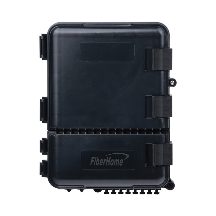 Caja de Distribución de Fibra Óptica para 24 Empalmes, con 8 acopladores SC/APC simplex, Exterior IP55, Color Negro