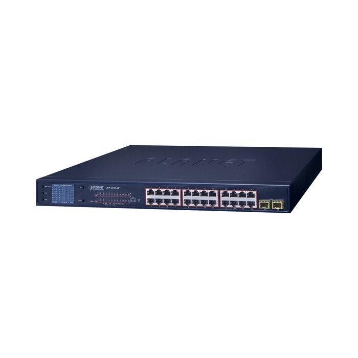 Switch PoE+ con Modo Extendido 250 m, 24 puertos 10/100/1000T + 2 Puertos SFP 1000SX con Pantalla LCD a color, hasta 300 W para PoE