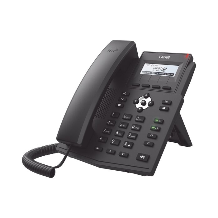 Teléfono IP empresarial para 2 lineas SIP con pantalla LCD, Códec Opus, conferencia de 3 vías, PoE.