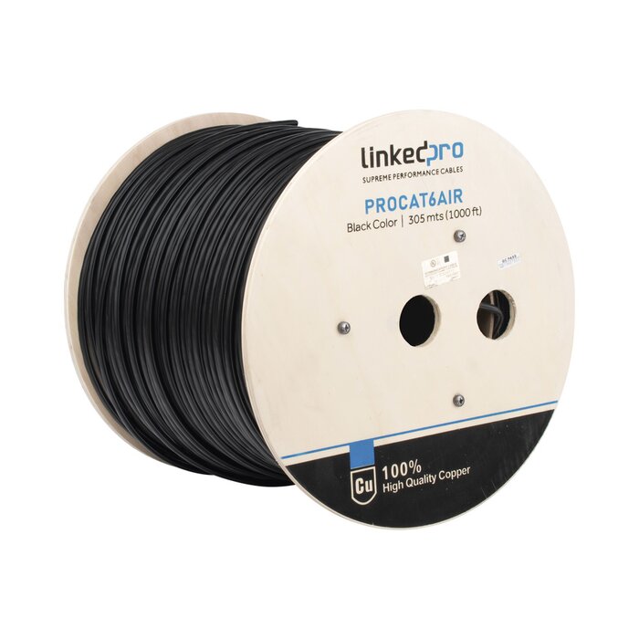 Bobina de cable FTP con Mensajero de Acero de 305 m Cat6+ CALIBRE 23, color negro, para aplicaciones en CCTV y redes de datos / Uso en Intemperie y aplicaciones Aéreas