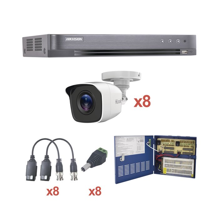 KIT TurboHD 1080p / DVR 8 Canales / 8 Cámaras Bala (exterior 2.8 mm) / Transceptores / Conectores / Fuente de Poder Profesional hasta 15 Vcd para Larga Distancia
