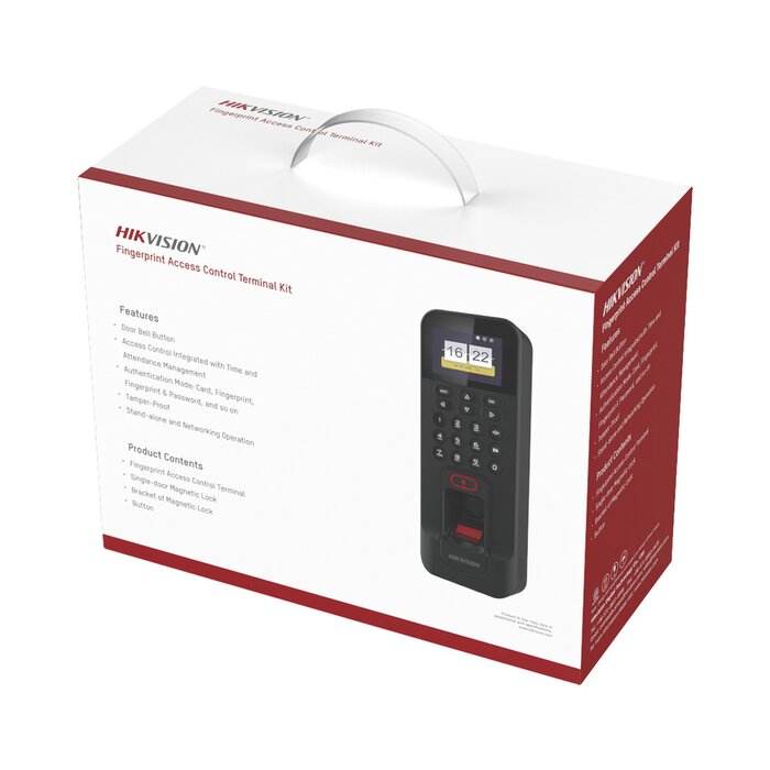 Kit de Control de Acceso TODO INCLUIDO con Lector de Huellas y Tarjetas compatible con App HIKConnect / Incluye Electroimán Botón de Salida y Montajes Z y L para imán (DS-K1T804)