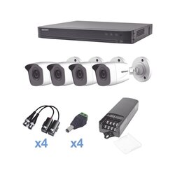 KIT TurboHD 1080p / DVR 4 Canales / 4 Cámaras Bala (exterior 2.8 mm) / Transceptores / Conectores / Fuente de Poder Profesional
