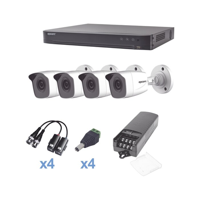 KIT TurboHD 1080p / DVR 4 Canales / 4 Cámaras Bala (exterior 2.8 mm) / Transceptores / Conectores / Fuente de Poder Profesional
