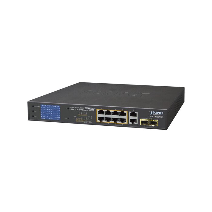 Switch No Administrable 8 Puertos Gigabit con Modo Extend PoE a 250 mts, 2 puertos Uplink 10/100/1000 Mbps, 2 Puertos SFP