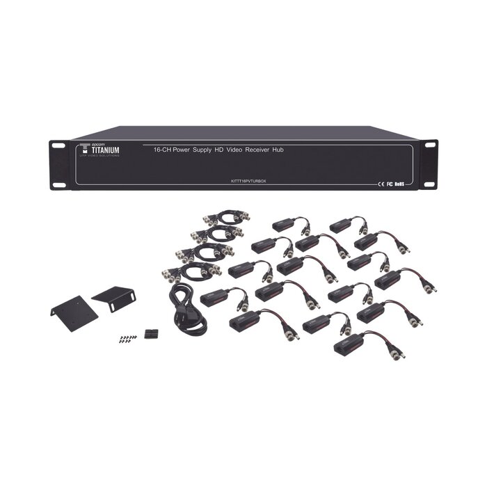 200 metros en 4K , 300 metros en 5MP , VIDEO+PODER / 16 Canales / TODO INCLUIDO PARA RACK / Para transmisión de alimentación ( de 36 Vcd a 12 Vcd) y video (HD-TVI) / 4K / SIN RUIDO / INSTALACIÓN LIMPIA