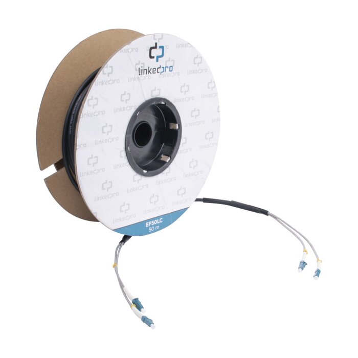 Carrete de Fibra Óptica Monomodo con conectores LC-LC Duplex, Reforzada con Kevlar, de 50 metros