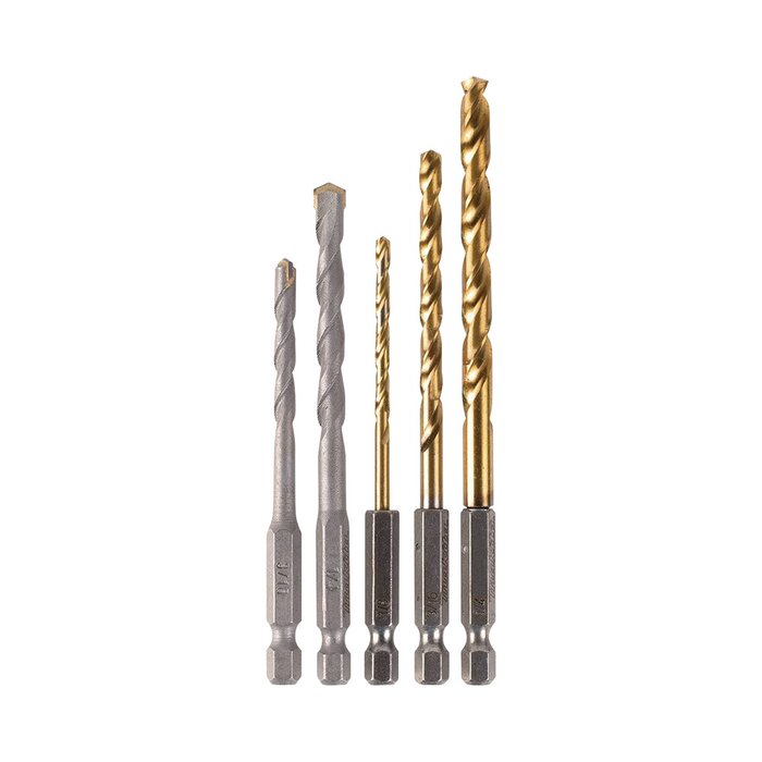 Juego de 5 Brocas con Inserción Hexagonal de 1/4". De concreto: 3/16" y 1/4". Para metal: 1/8", 3/16" y 1/4".
