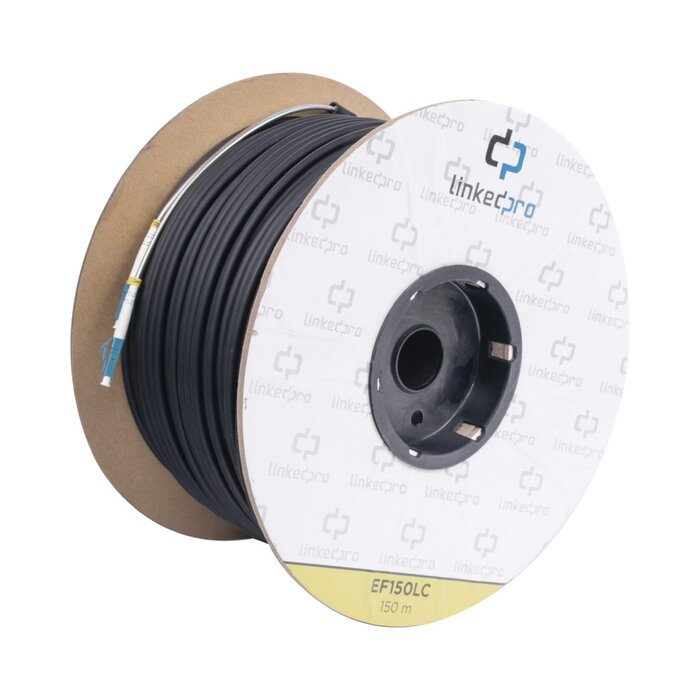 Carrete de Fibra Óptica Monomodo con conectores LC-LC Duplex, Reforzada con Kevlar, de 150 metros