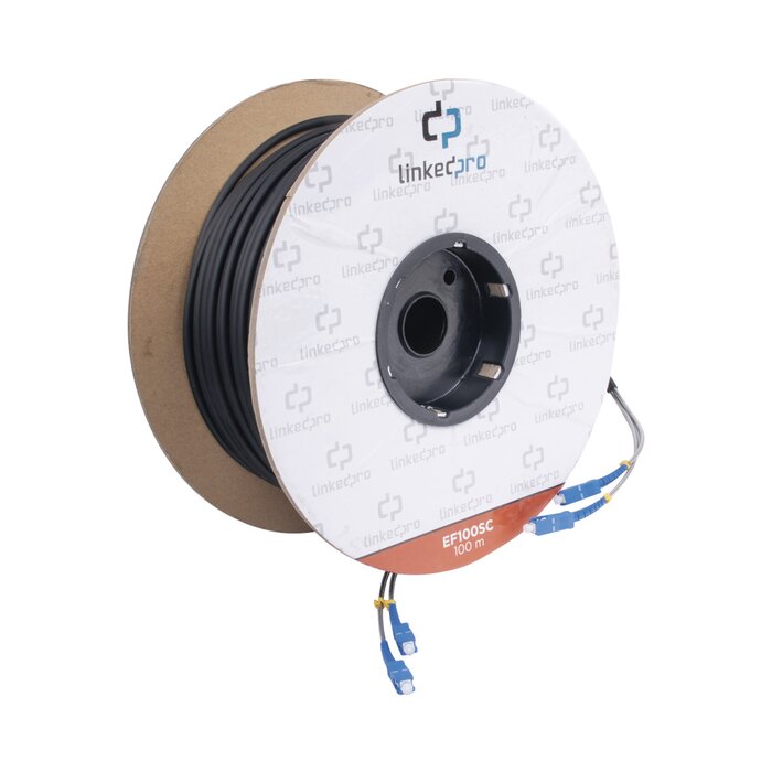 Carrete de Fibra Óptica Monomodo con conectores SC-SC Duplex, Reforzada con Kevlar, de 100 metros