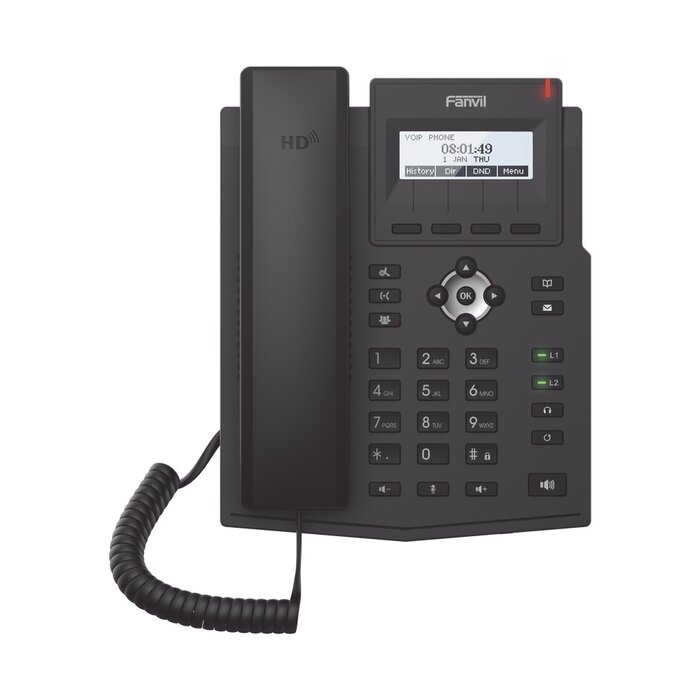 Teléfono IP empresarial para 2 lineas SIP con pantalla LCD, Códec Opus, conferencia de 3 vías, PoE.