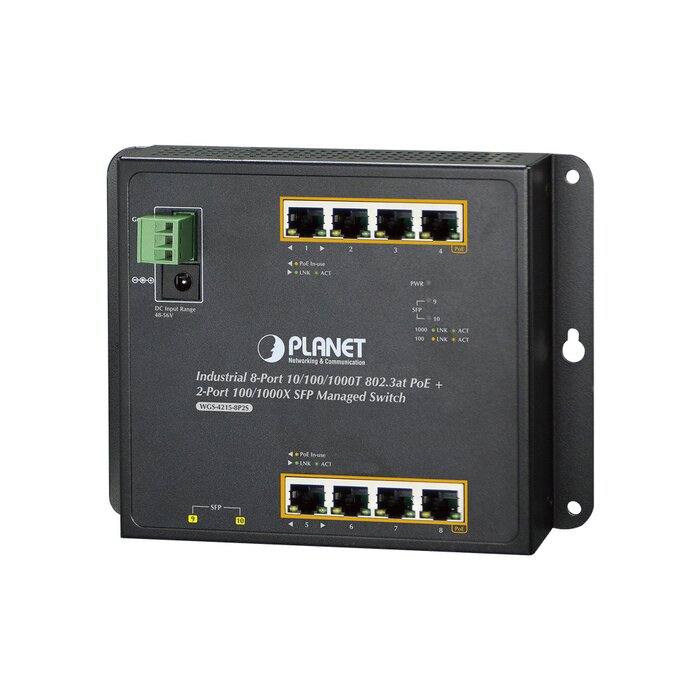 Switch Industrial de Pared de 8 puertos Gigabit con 4 puertos PoE+ 802.3at y 2 SFP