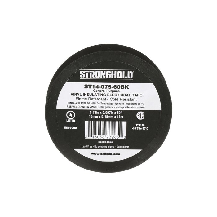 Cinta Eléctrica para Aislar, de PVC, Uso General, Grosor de 0.18mm (7 mil), Ancho de 19mm, y 18m de Largo, Color Negro