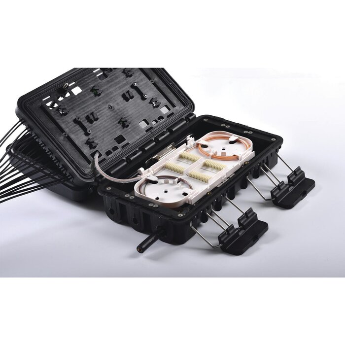 Caja de Distribución de Fibra Óptica Light para 24 Empalmes, con 8 acopladores SC/APC simplex, Exterior IP65, Color Negro