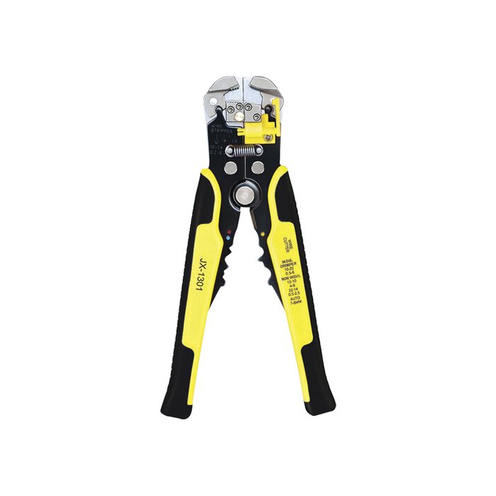 Pinza multifuncional Pelacables, con terminal de pestaña, prensado automático de color amarillo.