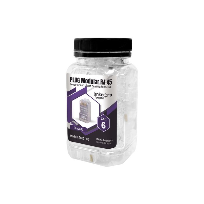 Bote con 100 Piezas de Plug Modular RJ45 Cat6 blindado, chapado de oro a 30 micras para durabilidad extrema SIN PIN DE TIERRA