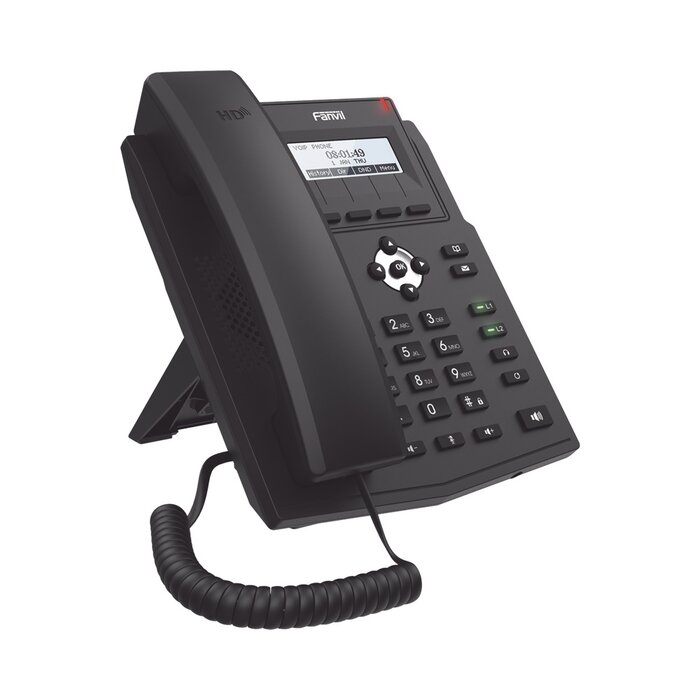 Teléfono IP empresarial para 2 lineas SIP con pantalla LCD, Códec Opus, conferencia de 3 vías, PoE.