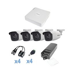 KIT TurboHD 720p / DVR 4 Canales / 4 Cámaras Bala (exterior 2.8 mm) / Transceptores / Conectores / Fuente de Poder Profesional