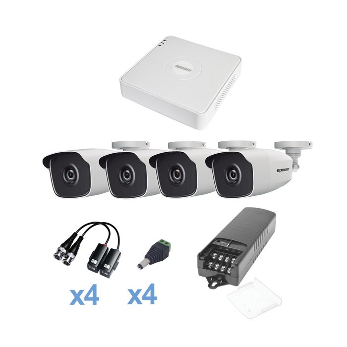 KIT TurboHD 720p / DVR 4 Canales / 4 Cámaras Bala (exterior 2.8 mm) / Transceptores / Conectores / Fuente de Poder Profesional
