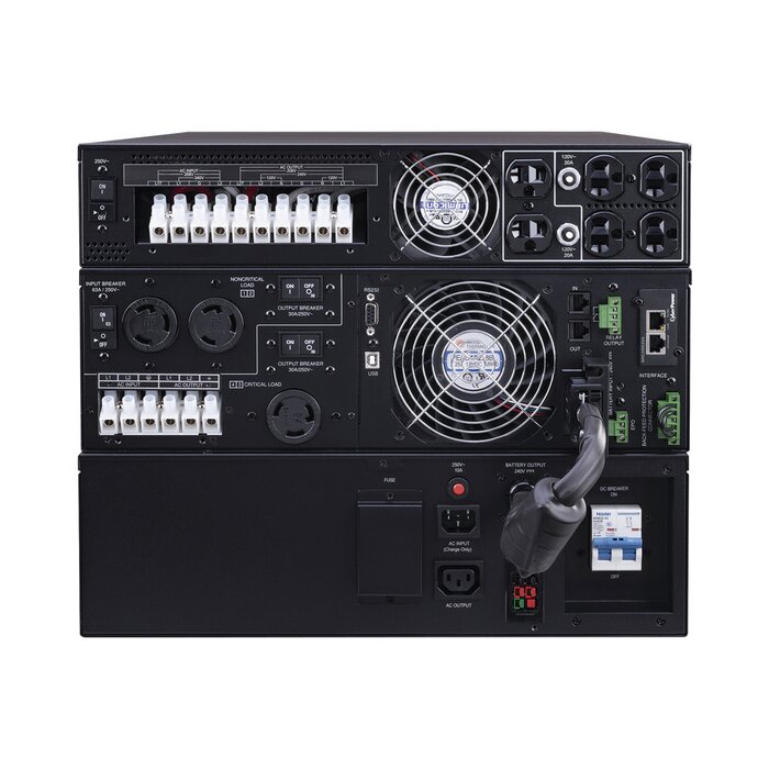 UPS de 8000 VA/8000 W, Online Doble Conversión, 200 - 240 Vac de Entrada, 120 - 240 Vac de Salida, Entrada Hardwired, Onda Senoidal Pura, Torre o Rack de 8 UR, Con 6 Tomas NEMA 5-20R, 3 NEMA L6-30R y Terminal Hardwired