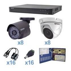 KIT TurboHD 1080p / DVR 16 Canales / 8 Cámaras Bala (exterior 2.8 mm) / 8 Cámaras Eyeball (exterior 2.8 mm) / Transceptores / Conectores / Fuente de Poder Profesional