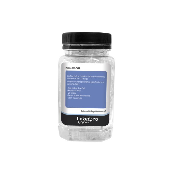 Bote con 100 Plugs Pass through RJ45 Cat6 sin blindaje, chapado de oro a 30 micras para durabilidad extrema