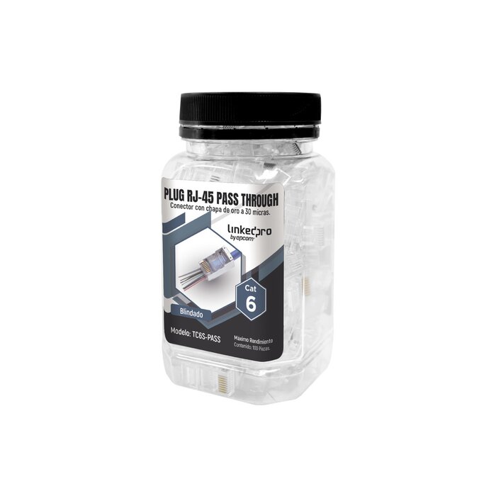 Bote con 100 Plugs Pass through RJ45 Cat6 BLINDADO chapado de oro a 30 micras para durabilidad extrema