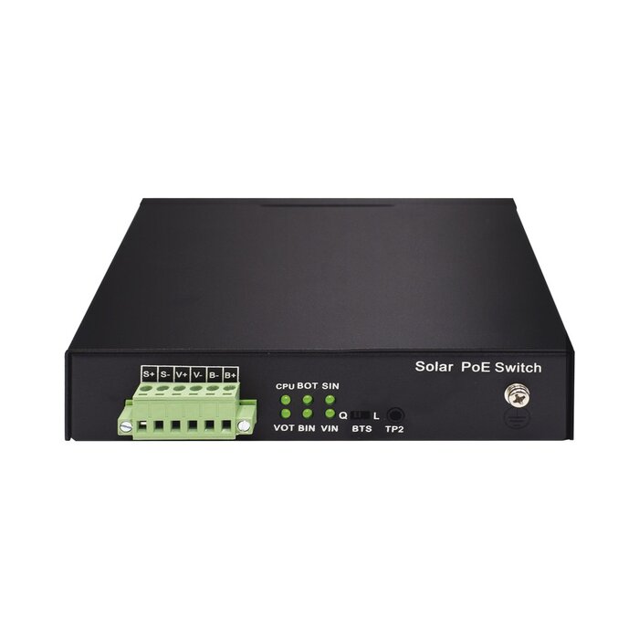 Switch No Administrable de 5 puertos 10/100/1000 PoE + 1 puerto SFP Gigabit, con respaldo para energía solar