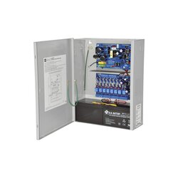 Fuente para aplicaciones en control de acceso, y detección de incendio, con capacidad de respaldo para 12 y 24 Vcd @ 4 A , con 8 circuitos de control ( NO ) y 8 circuitos de control trigger voltaje de entrada de : 115 Vca.