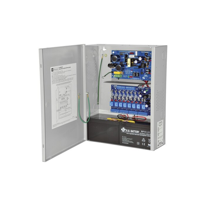 Fuente para aplicaciones en control de acceso, y detección de incendio, con capacidad de respaldo para 12 y 24 Vcd @ 4 A , con 8 circuitos de control ( NO ) y 8 circuitos de control trigger voltaje de entrada de : 115 Vca.