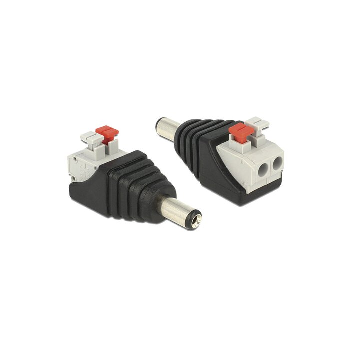 Adaptador tipo jack de 3.5 mm macho polarizado de 12 vcd con terminales de presión.