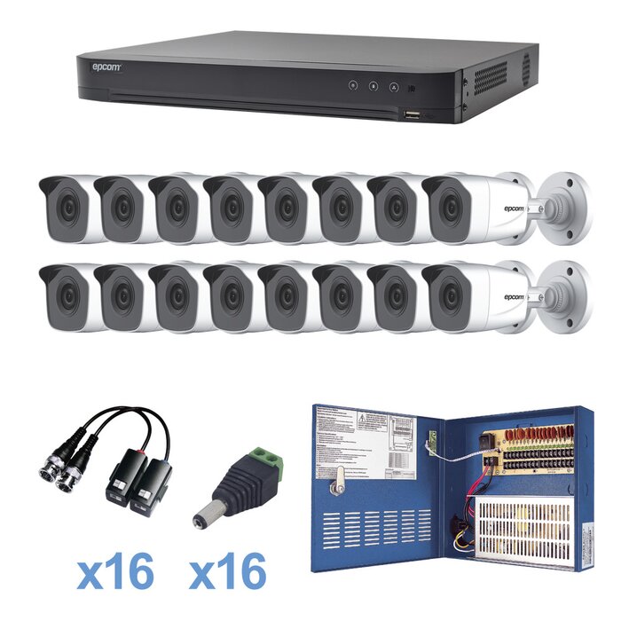 KIT TurboHD 1080p / DVR 16 Canales / 16 Cámaras Bala (exterior 2.8 mm) / Transceptores / Conectores / Fuente de Poder Profesional