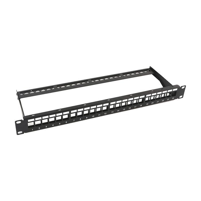 Patch panel modular sin blindaje de 24 puertos, 1U, con barra para organizar cable