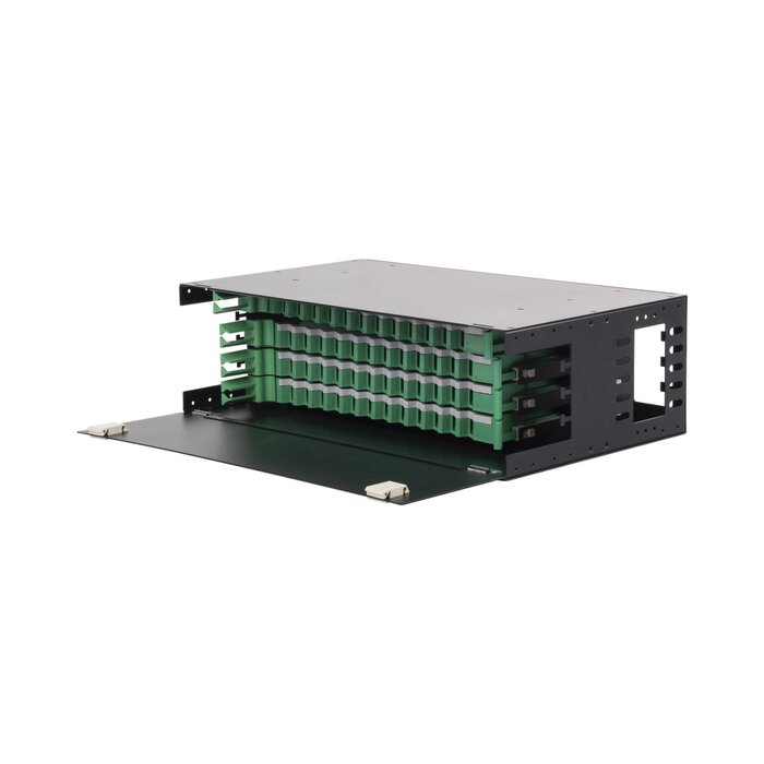 Distribuidor de Fibra Óptica con bandejas deslizables, vacío, 19in, acepta 48 adaptadores "LC Duplex" o "LC Simplex" o 48 "SC" Simplex, 3U