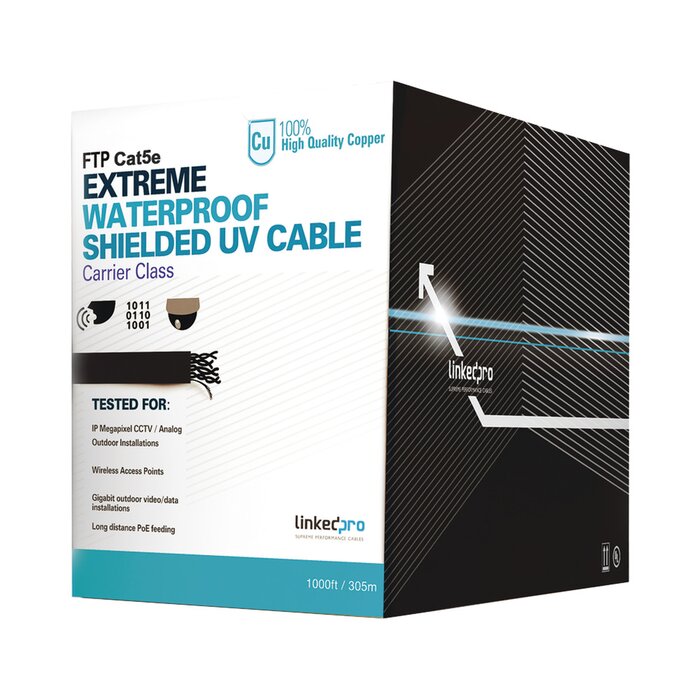 Bobina de cable de 305 m, Cat5e, color negro, sin blindar, para aplicaciones de CCTV, redes de datos. Uso en intemperie