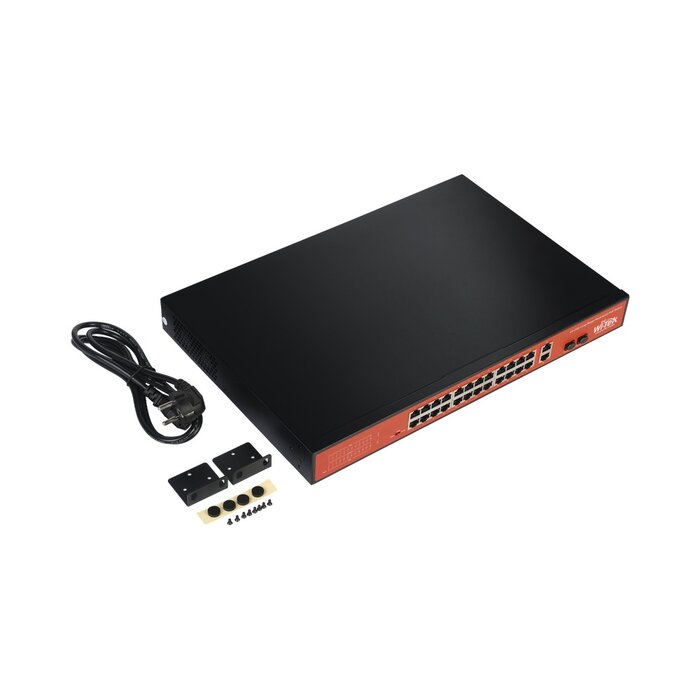 Switch Fast-Ethernet PoE no administrable de largo alcance, hasta 250m, con 24 x 10/100Mbps + 2 x SFP Gigabit Combo, 250 W