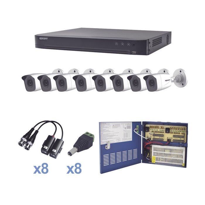 KIT TurboHD 1080p / DVR 8 Canales / 8 Cámaras Bala (exterior 2.8 mm) / Transceptores / Conectores / Fuente de Poder Profesional hasta 15 Vcd para Larga Distancias