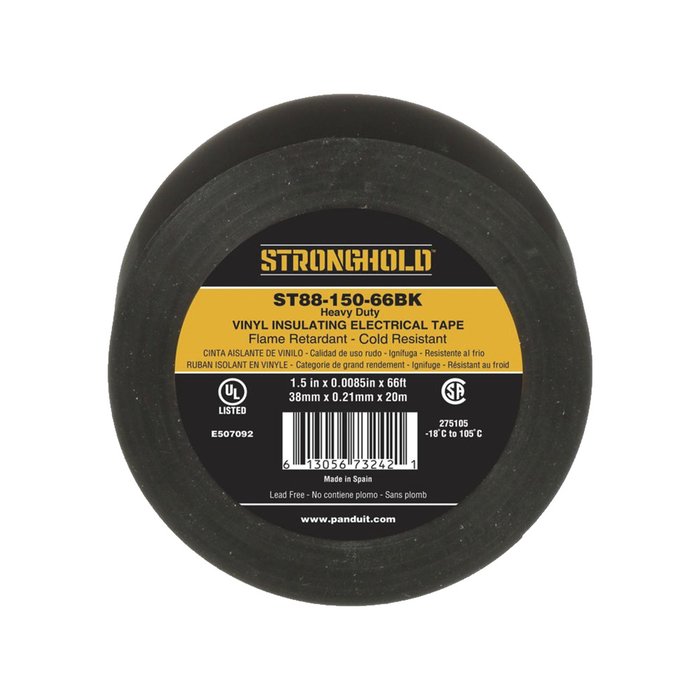 Cinta Eléctrica para Aislar, de PVC, Trabajo Pesado, Grosor de 0.21 mm (8.5 mil), Ancho de 38 mm, y 20 m de Largo, Uso Interior/Exterior, Color Negro