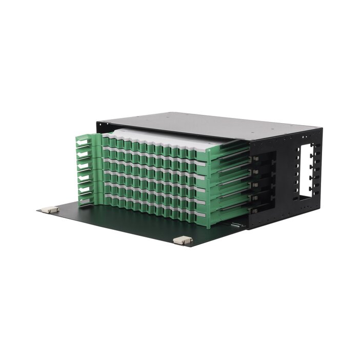 Distribuidor de Fibra Óptica con bandejas deslizables, vacío, 19in, acepta 72 adaptadores "LC Duplex" o "LC Simplex" o 72 "SC" Simplex, 4U