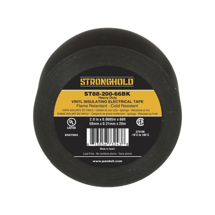 Cinta Eléctrica Para Aislar, de PVC, Trabajo Pesado, Grosor de 0.21 mm (8.5 mil), Ancho de 50 mm, y 20 m de Largo, Uso Interior/Exterior, Color Negro
