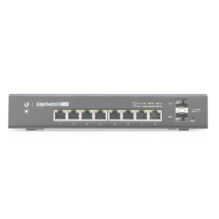 Switch EdgeMAX Administrable de 8 Puertos Gigabit con PoE+/PoE Pasivo 24V + 2 Puertos SFP, 150 W