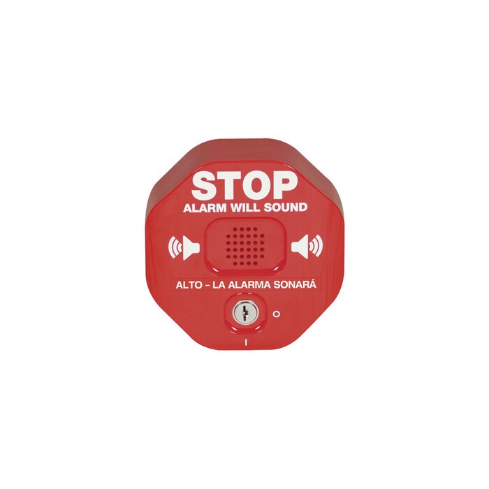 Anunciador Audible y Visible para Salida de Emergencia de Doble Hoja, Texto en Inglés y Etiquetas en Múltiples Idiomas