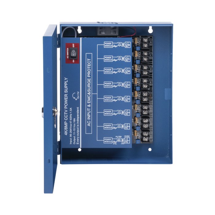 Fuente de poder profesional HEAVY DUTY de 11 - 15 Vcd @ 16 Amper, para 8 cámaras, con voltaje de entrada de: 110-220 Vca / Compatible con cámaras 4K