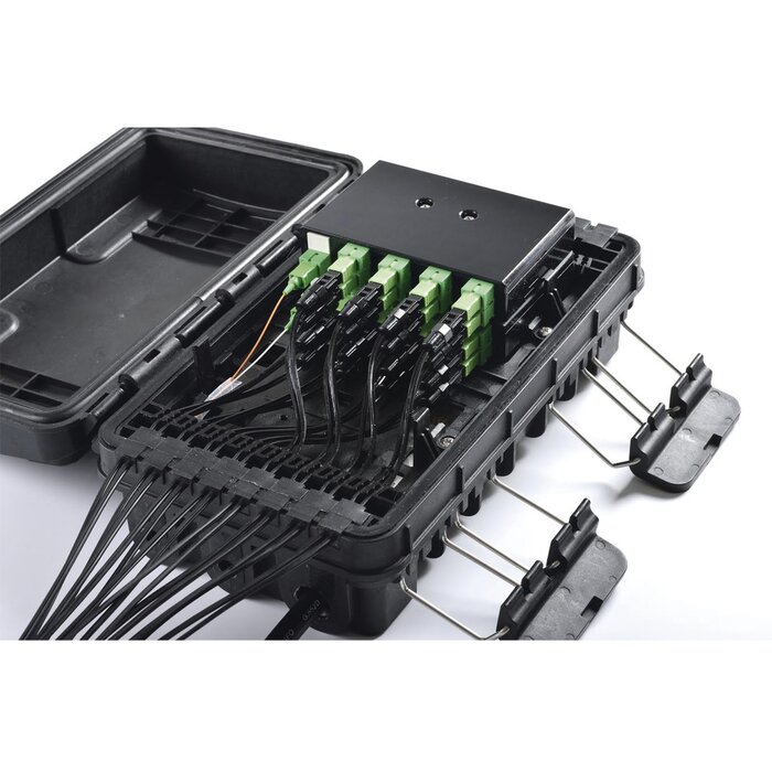 Caja de Distribución de Fibra Óptica Light para 24 Empalmes, con 8 acopladores SC/APC simplex, Exterior IP65, Color Negro