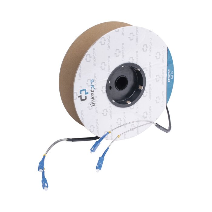 Carrete de Fibra Óptica Monomodo con conectores SC-SC Duplex, Reforzada con Kevlar, de 50 metros