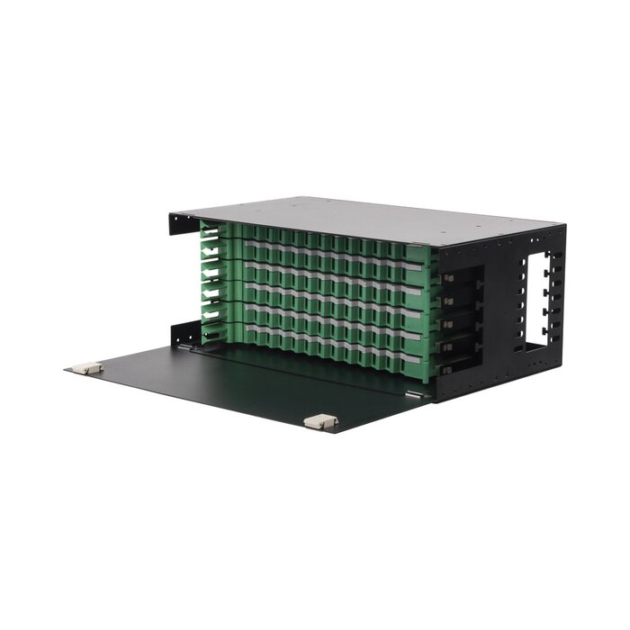 Distribuidor de Fibra Óptica con bandejas deslizables, vacío, 19in, acepta 72 adaptadores "LC Duplex" o "LC Simplex" o 72 "SC" Simplex, 4U